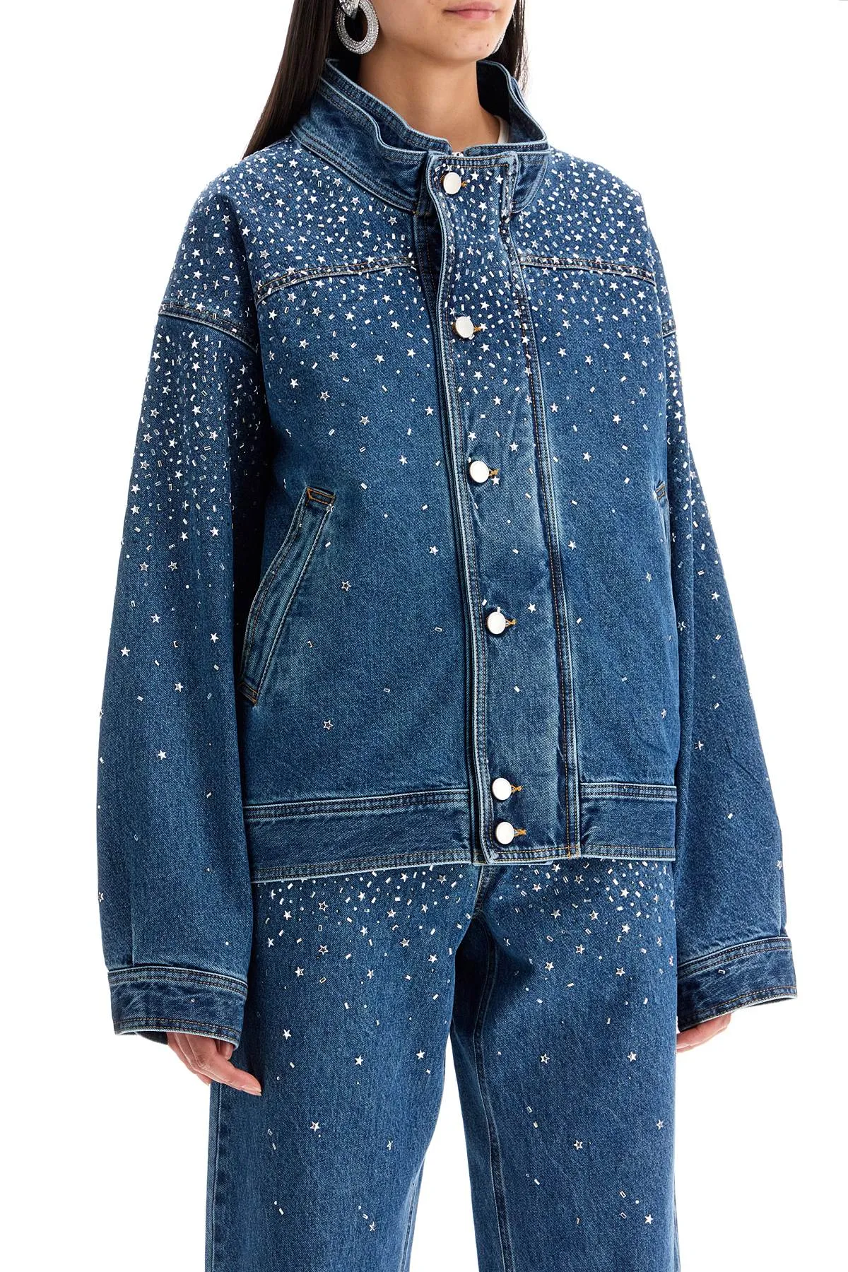 Alessandra Rich Denim Bomber Jacket With Rhin