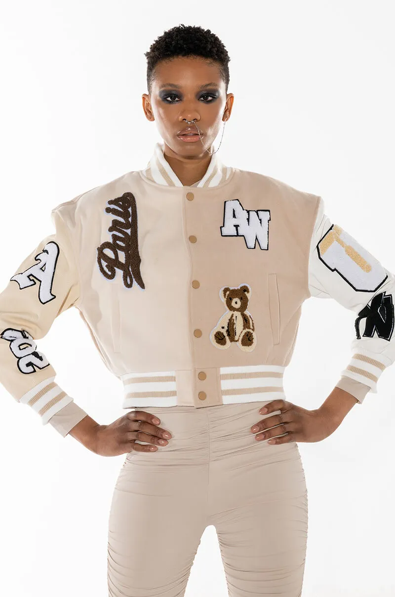 AZALEA WANG BEIGE RUELA VARSITY JACKET