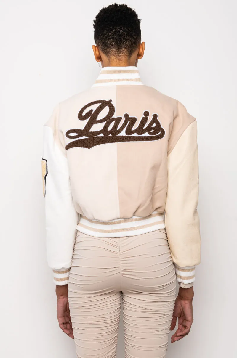 AZALEA WANG BEIGE RUELA VARSITY JACKET