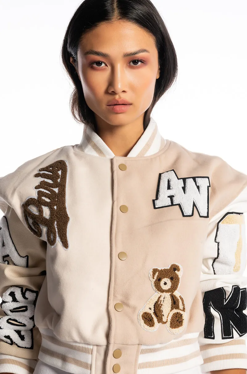 AZALEA WANG BEIGE RUELA VARSITY JACKET