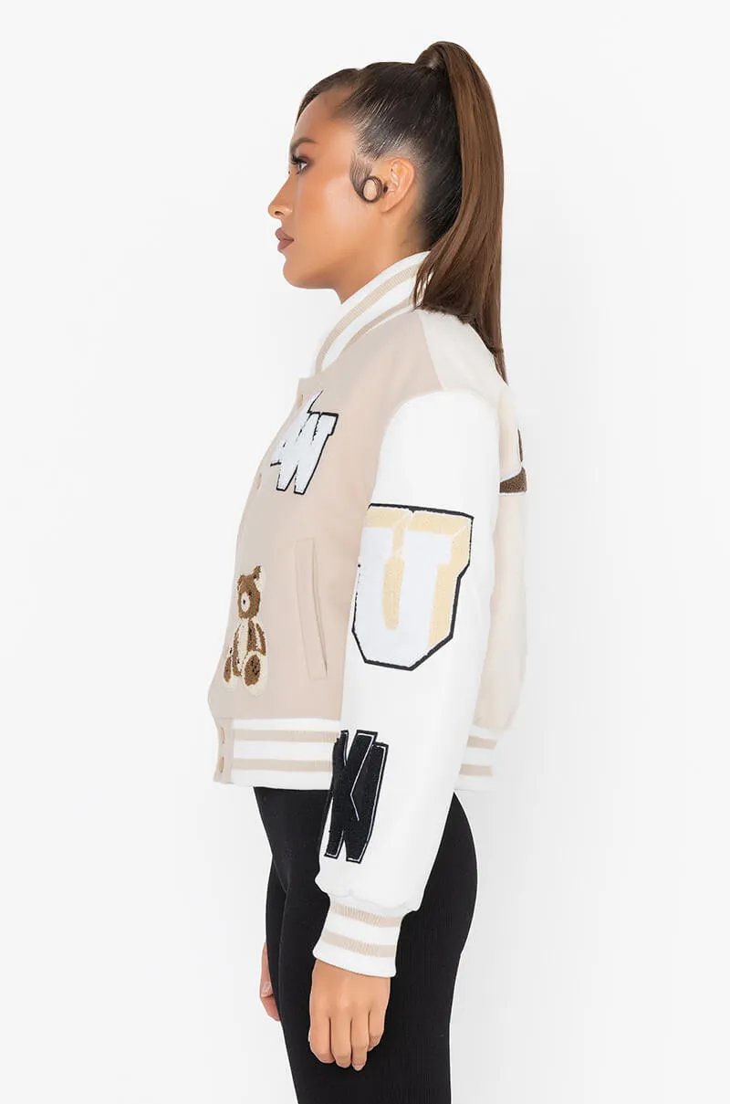 AZALEA WANG BEIGE RUELA VARSITY JACKET