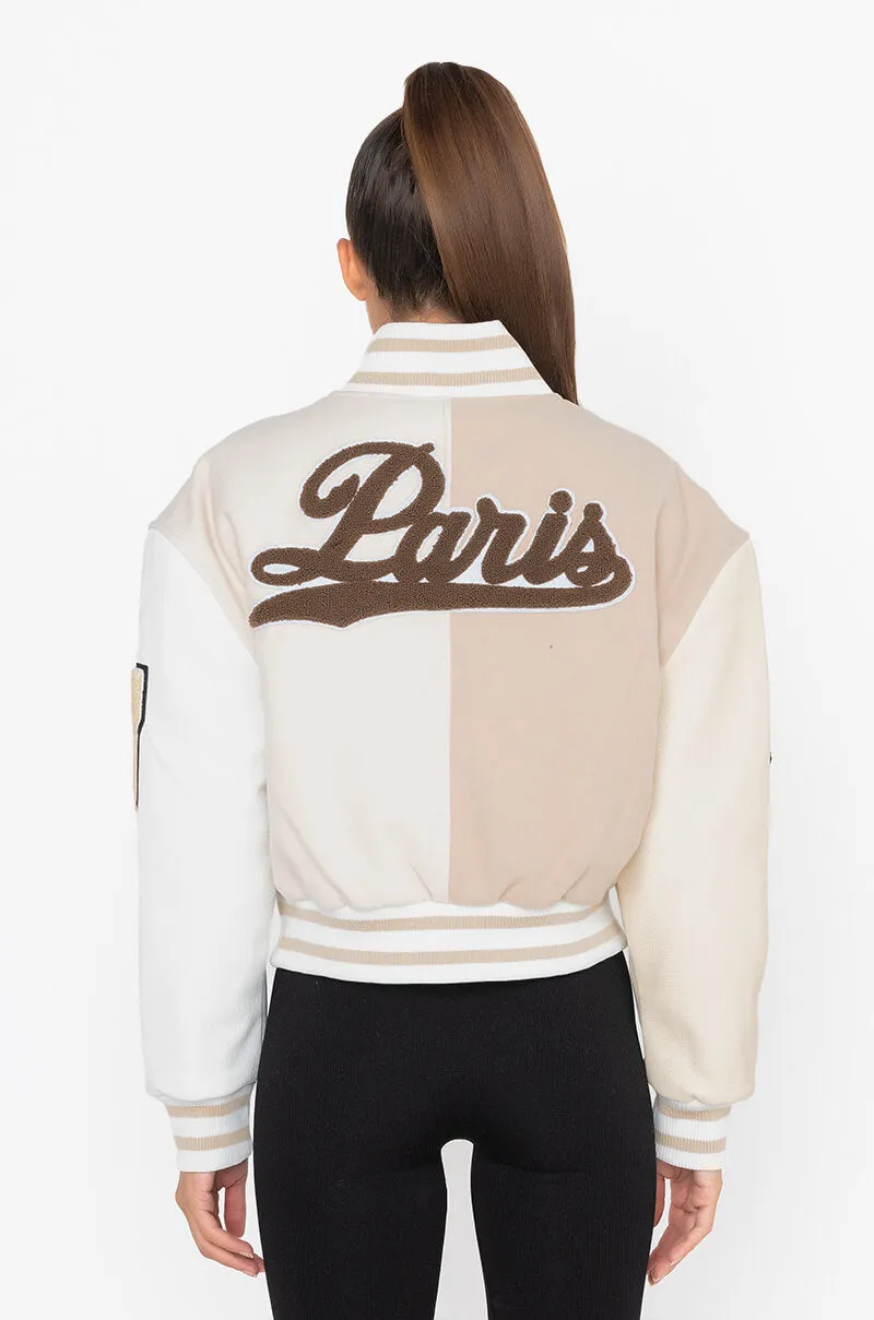 AZALEA WANG BEIGE RUELA VARSITY JACKET