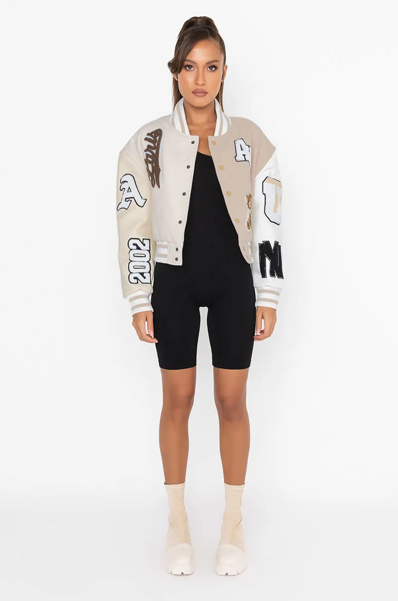 AZALEA WANG BEIGE RUELA VARSITY JACKET