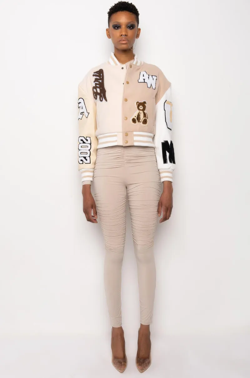 AZALEA WANG BEIGE RUELA VARSITY JACKET