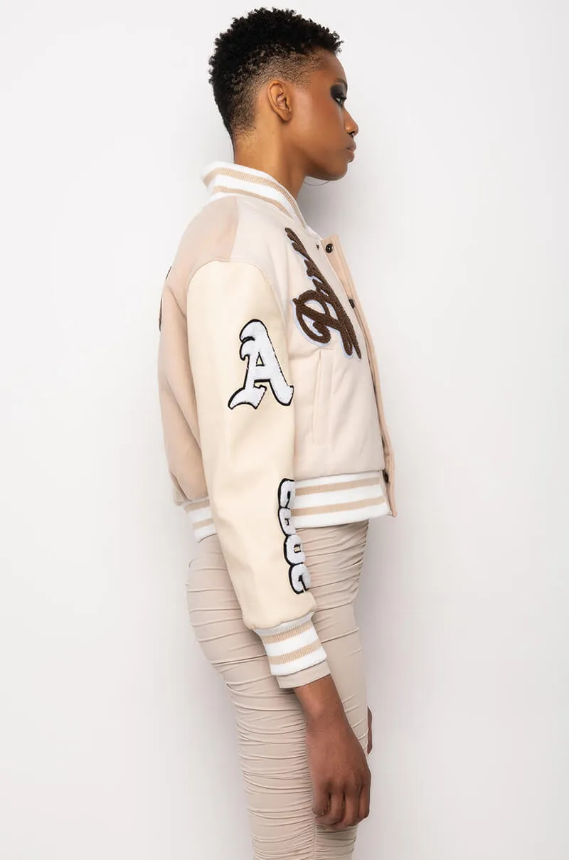 AZALEA WANG BEIGE RUELA VARSITY JACKET