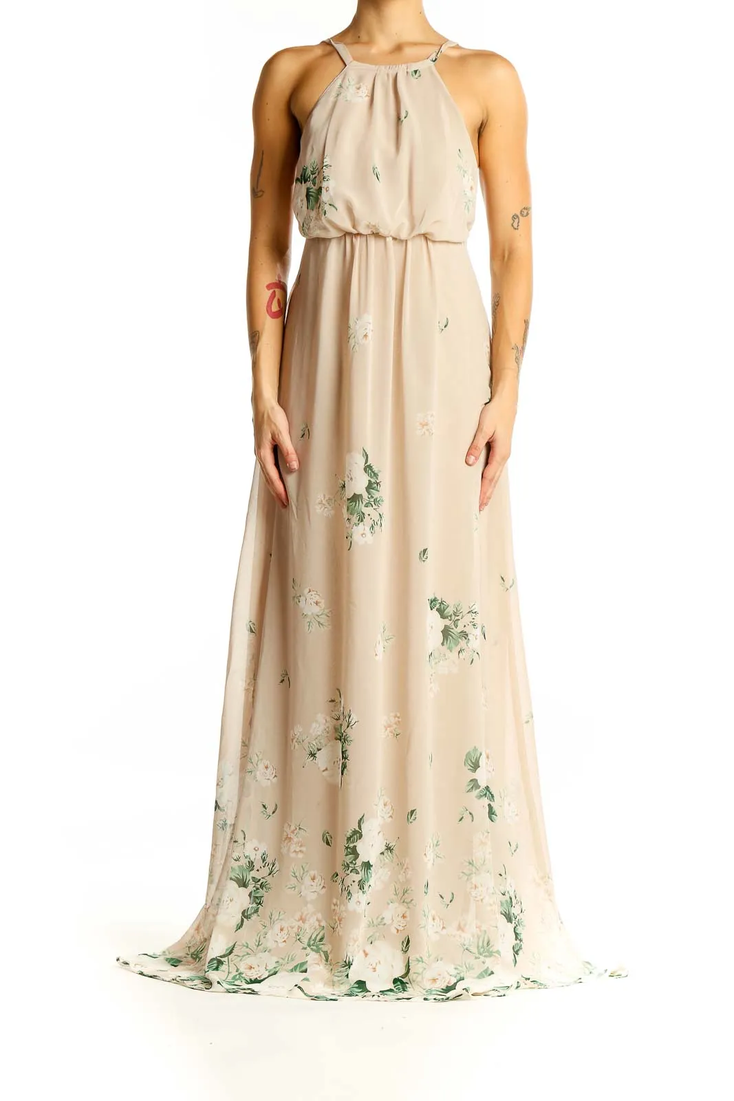 Beige Floral Maxi Dress with Spaghetti Straps