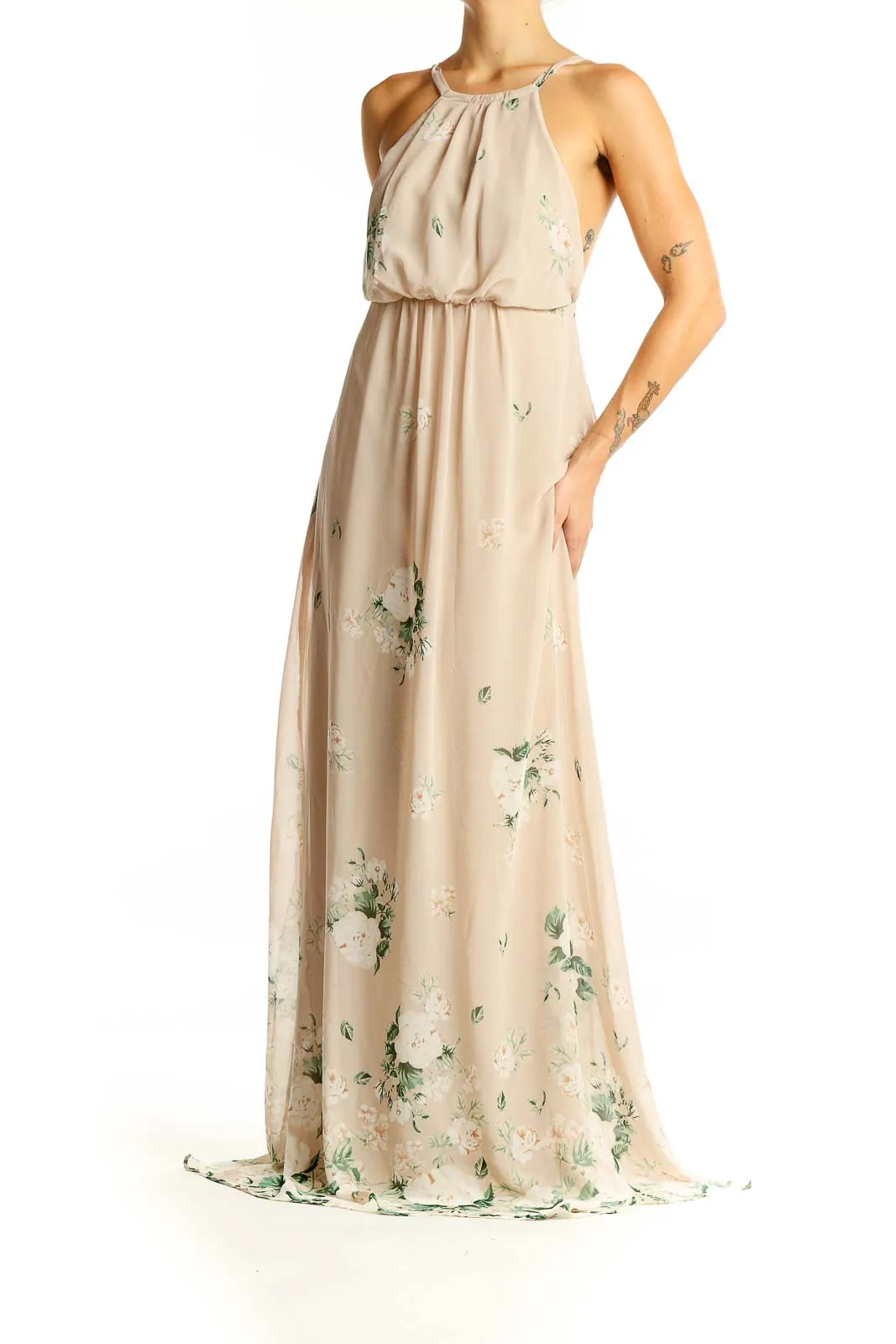 Beige Floral Maxi Dress with Spaghetti Straps