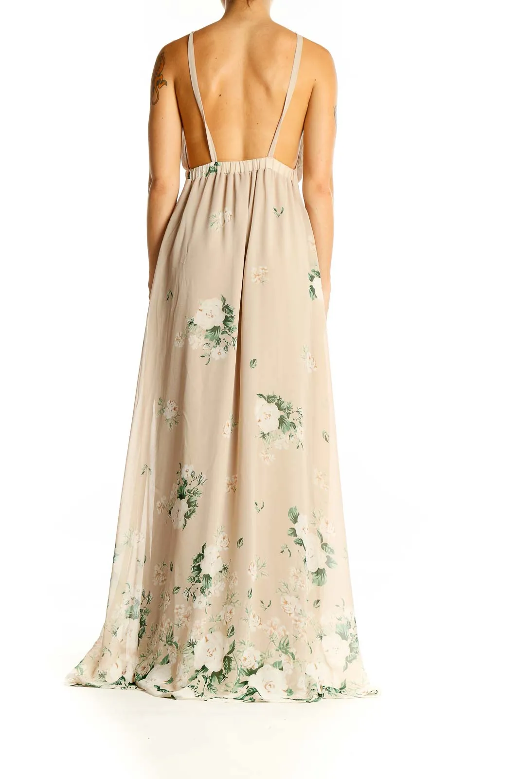 Beige Floral Maxi Dress with Spaghetti Straps