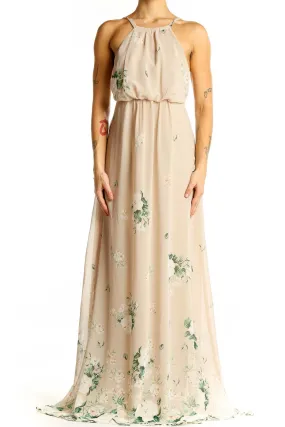 Beige Floral Maxi Dress with Spaghetti Straps