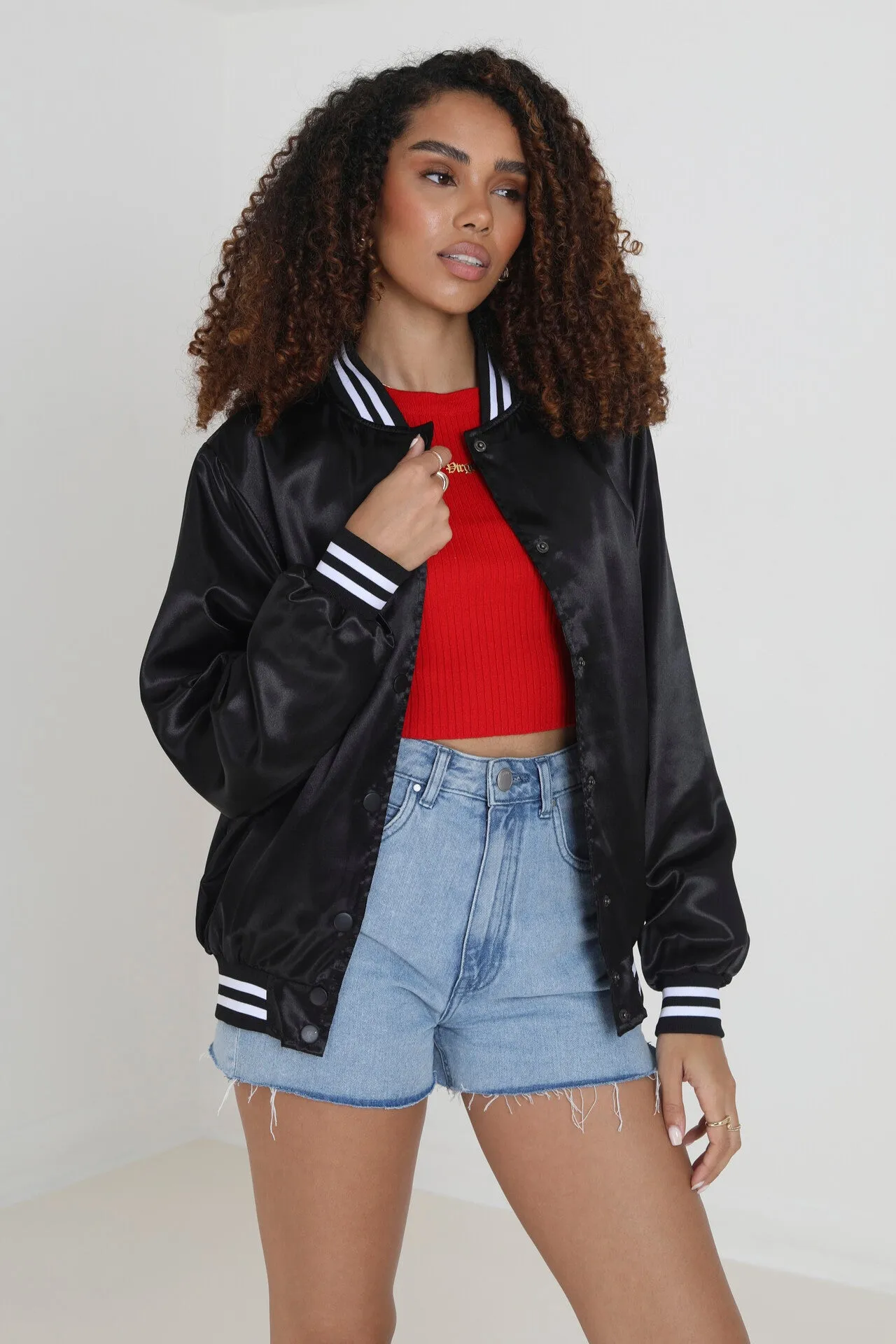 BLACK AND WHITE STRIPE SATIN BOMBER JACKET