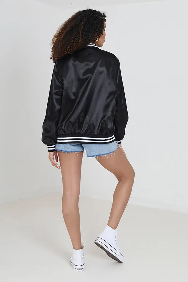 BLACK AND WHITE STRIPE SATIN BOMBER JACKET