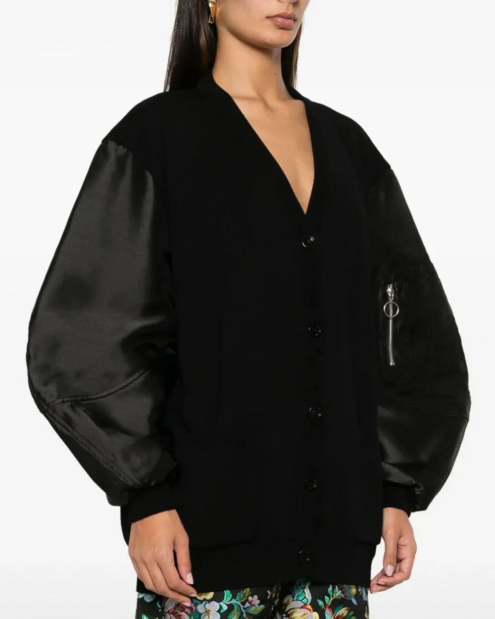 Black Merino Satin Bomber Sleeve Cardigan