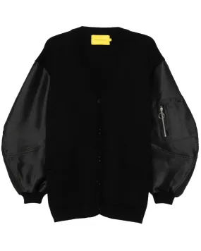 Black Merino Satin Bomber Sleeve Cardigan