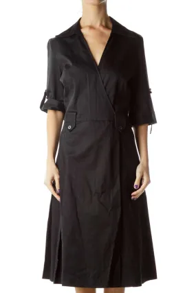 Black Pleated Collared Shirt Dress