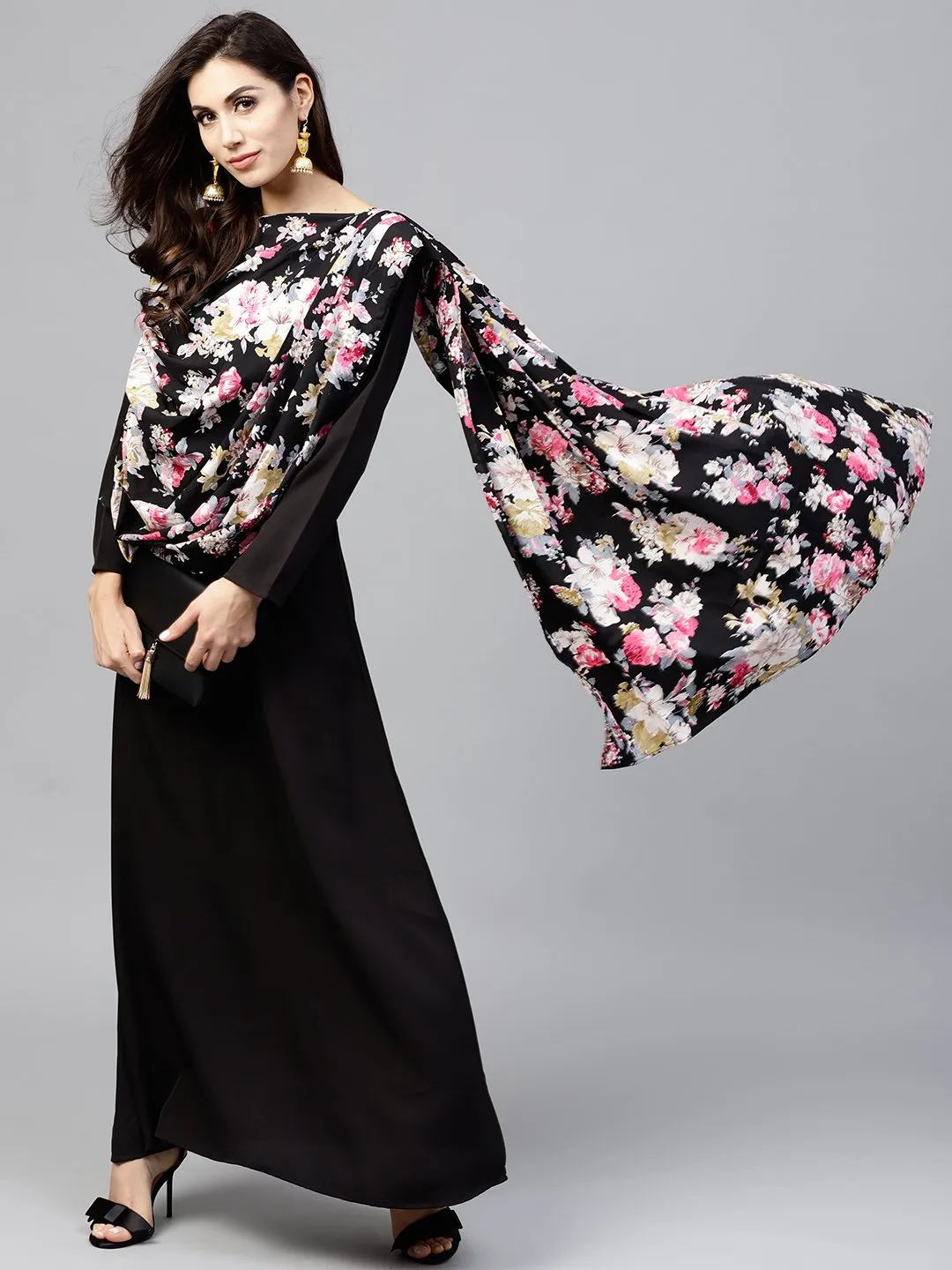 Black printed draped maxi dress with round neck and full sleeves