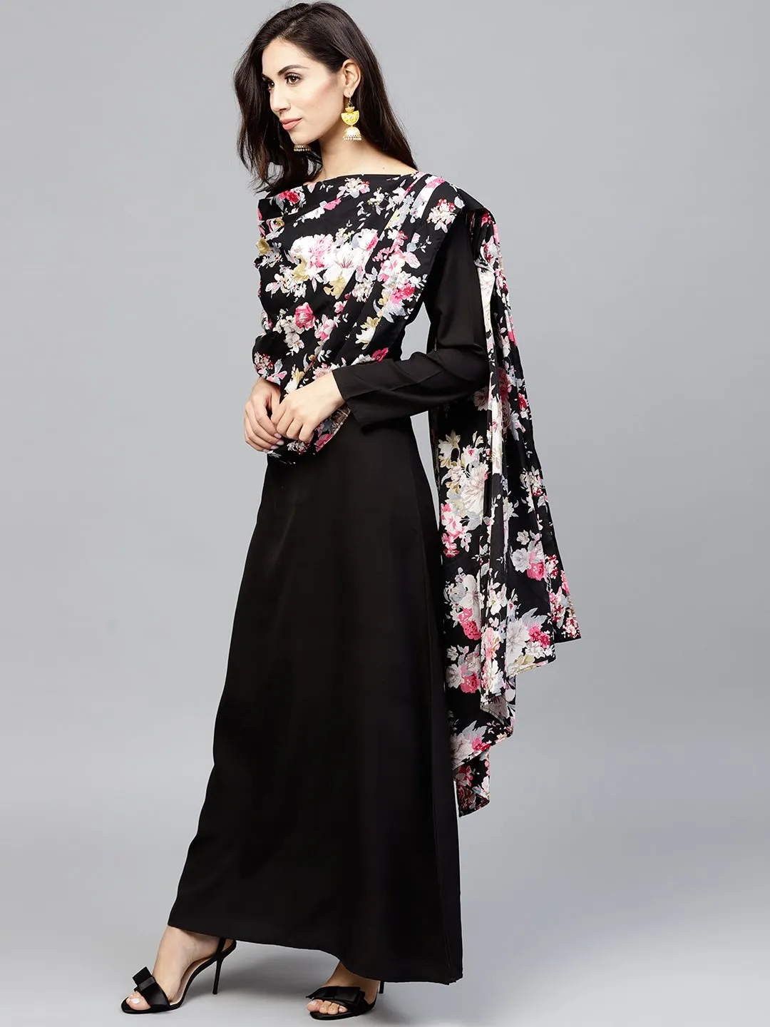 Black printed draped maxi dress with round neck and full sleeves