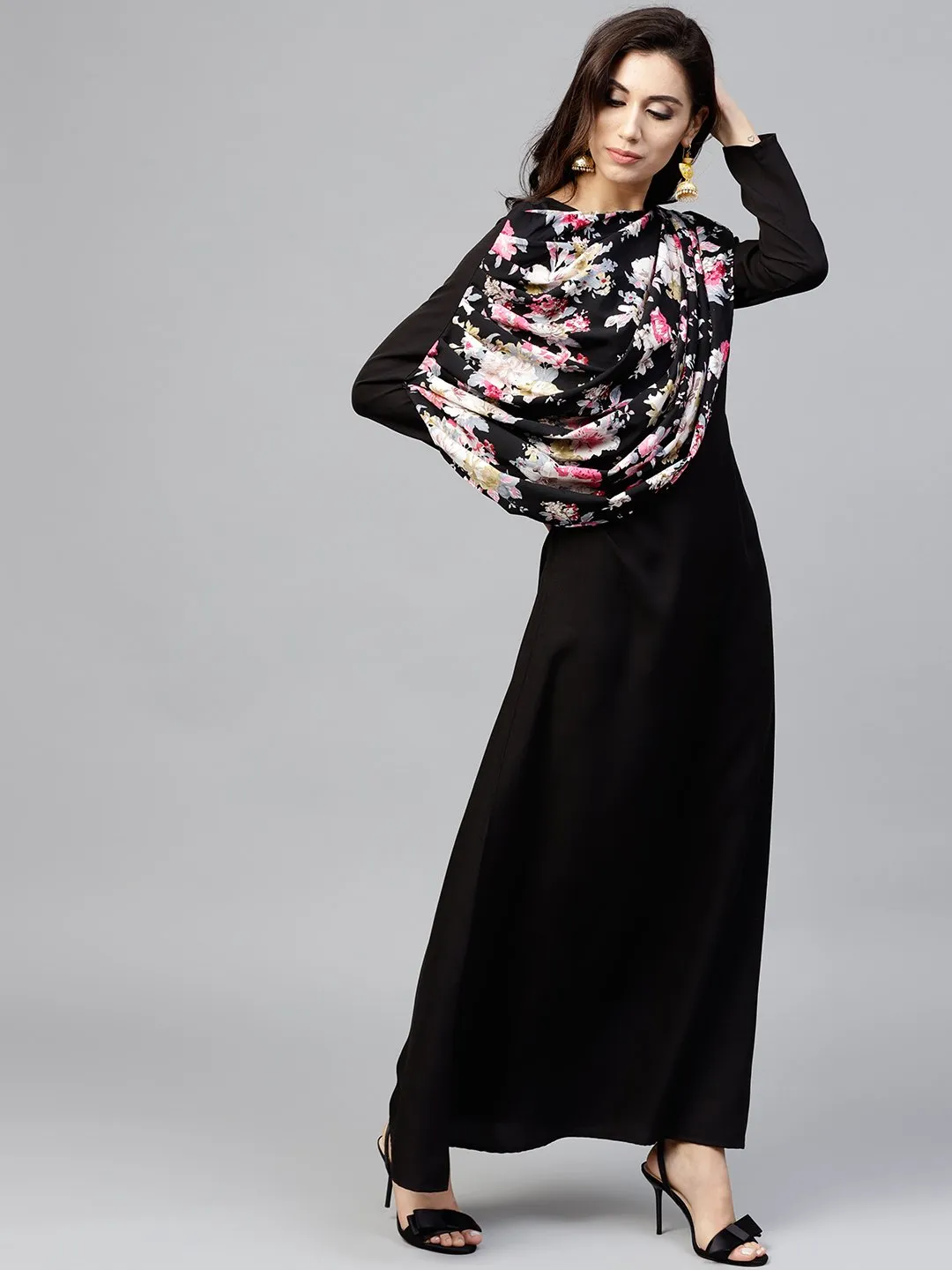 Black printed draped maxi dress with round neck and full sleeves