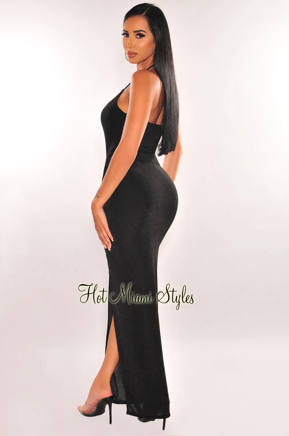 Black Ribbed Shimmery Halter Drawstring Slit Maxi Dress