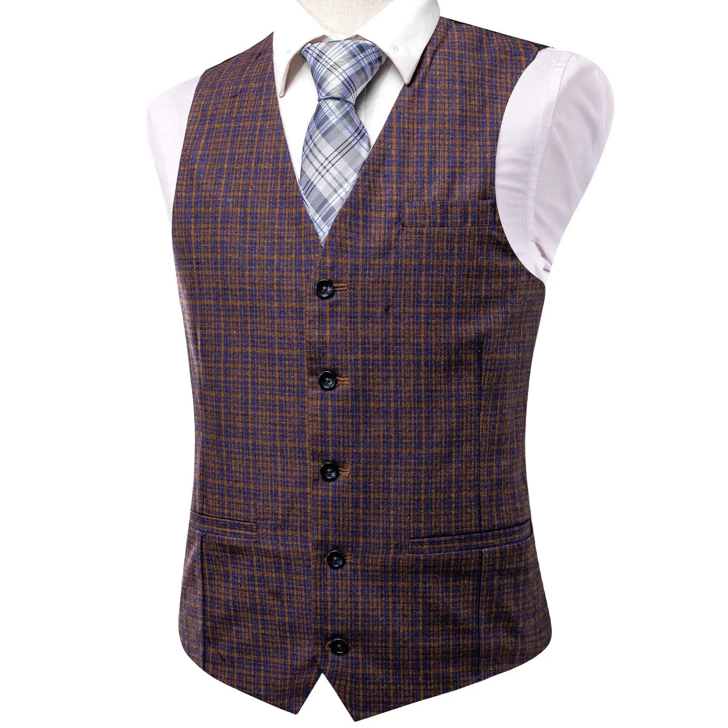 Blue Golden Plaid Wool Men's Single Vest Waistcoat