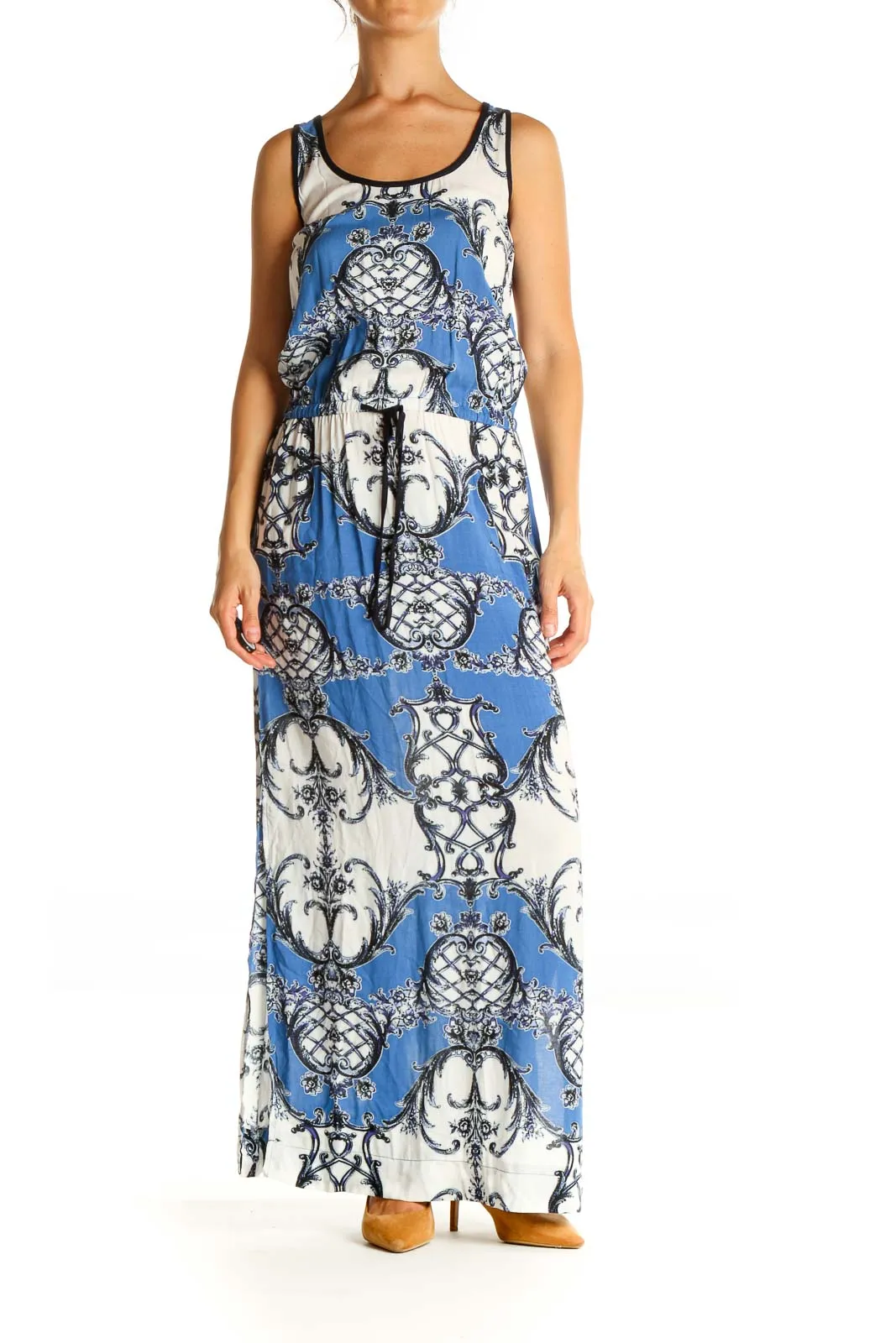 Blue Printed Holiday Column Dress