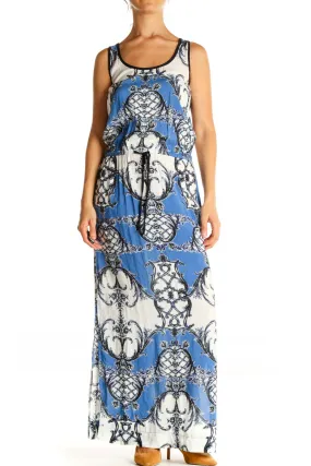 Blue Printed Holiday Column Dress