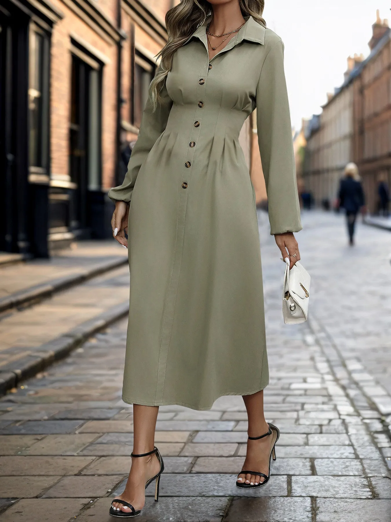 Collar Waist Button-down Shirt Dress