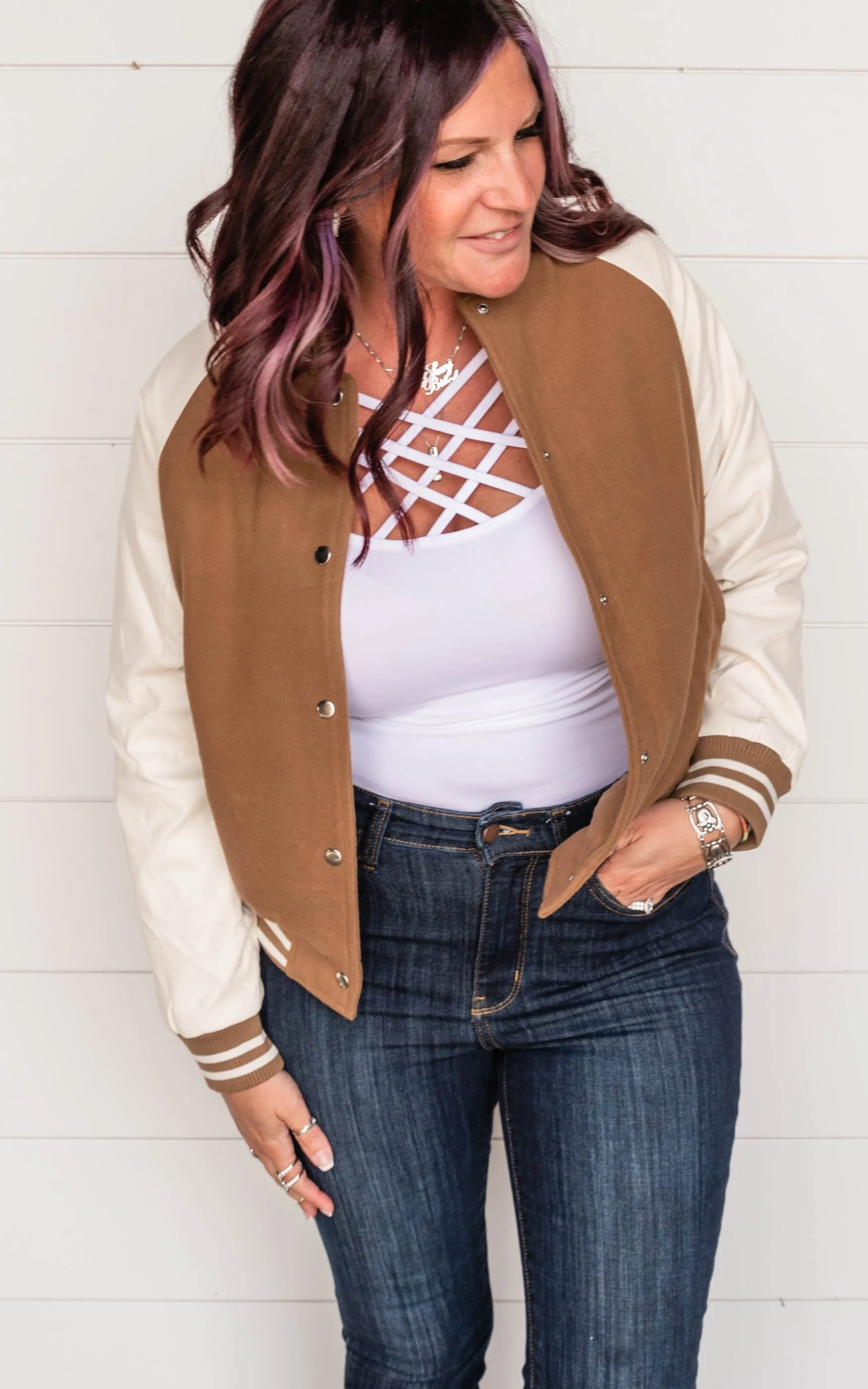 Contrast PU Sleeve Baseball Jacket - Final Sale