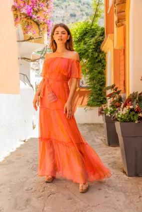 Coral Orange Plus Size Silk Bardot Maxi Dress