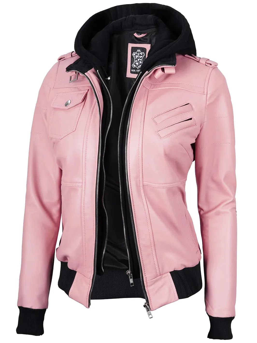 Edinburgh Pink Leather Bomber Jacket With Hood