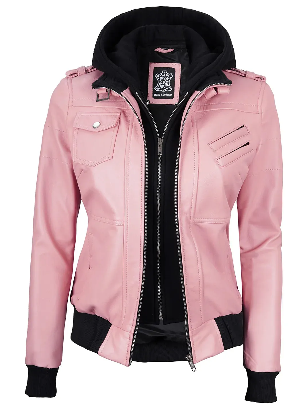 Edinburgh Pink Leather Bomber Jacket With Hood