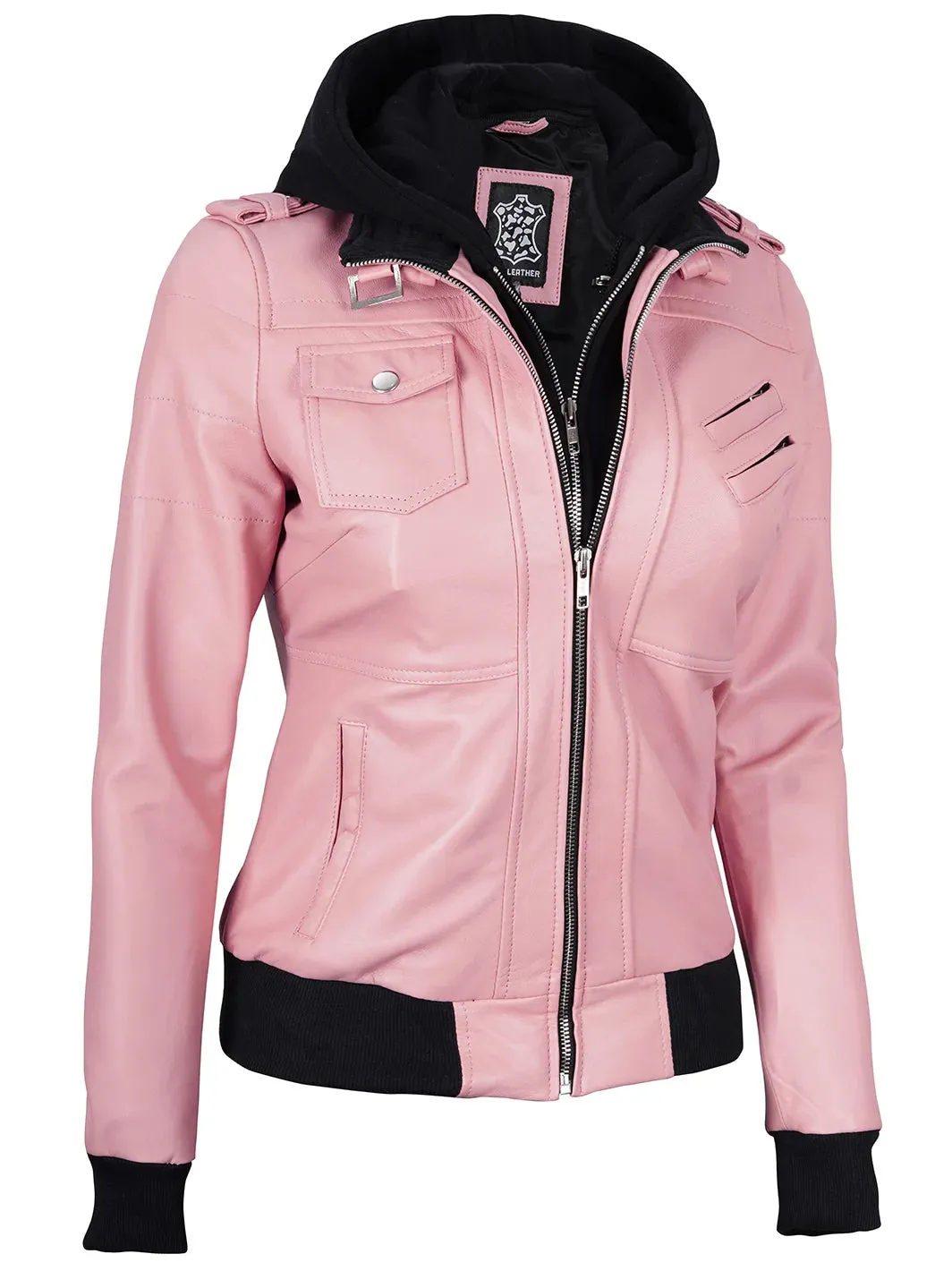 Edinburgh Pink Leather Bomber Jacket With Hood