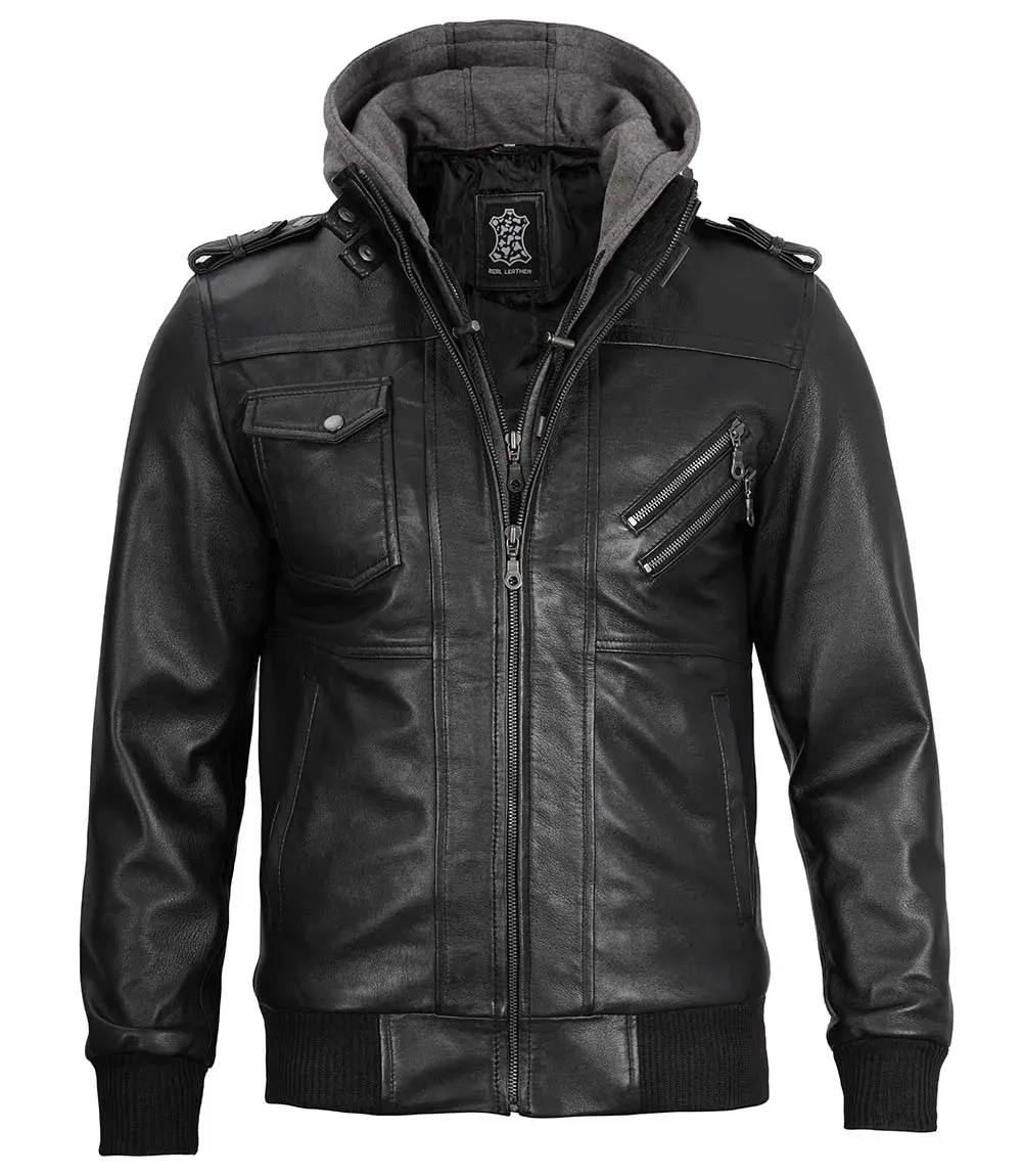 Ferndale Men's Black Bomber Leather Jacket with Removable Hoodie