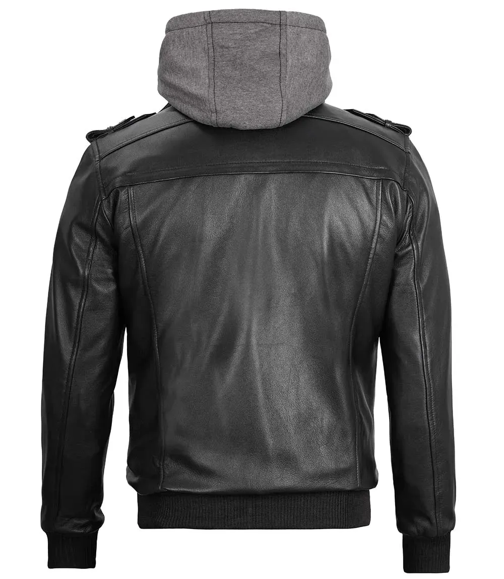 Ferndale Men's Black Bomber Leather Jacket with Removable Hoodie