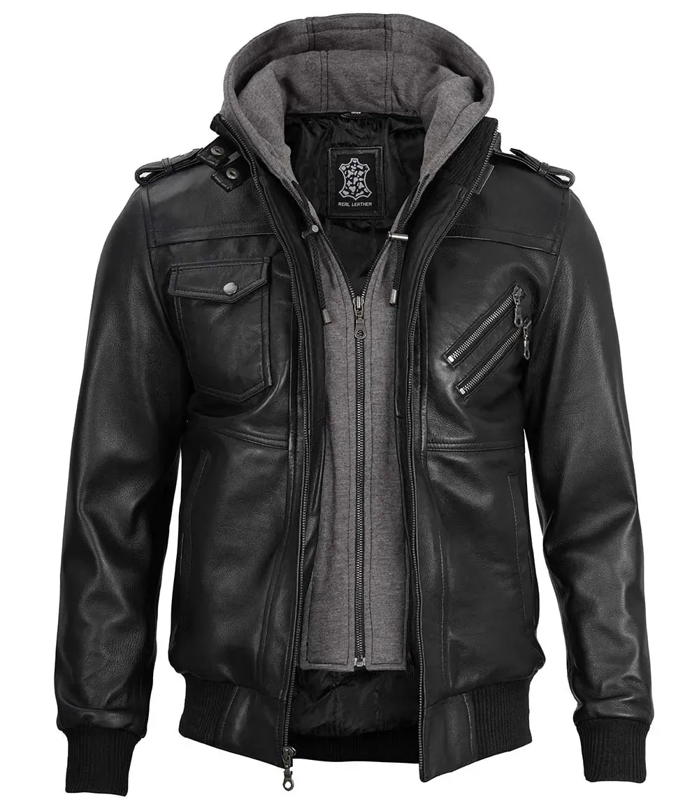 Ferndale Men's Black Bomber Leather Jacket with Removable Hoodie