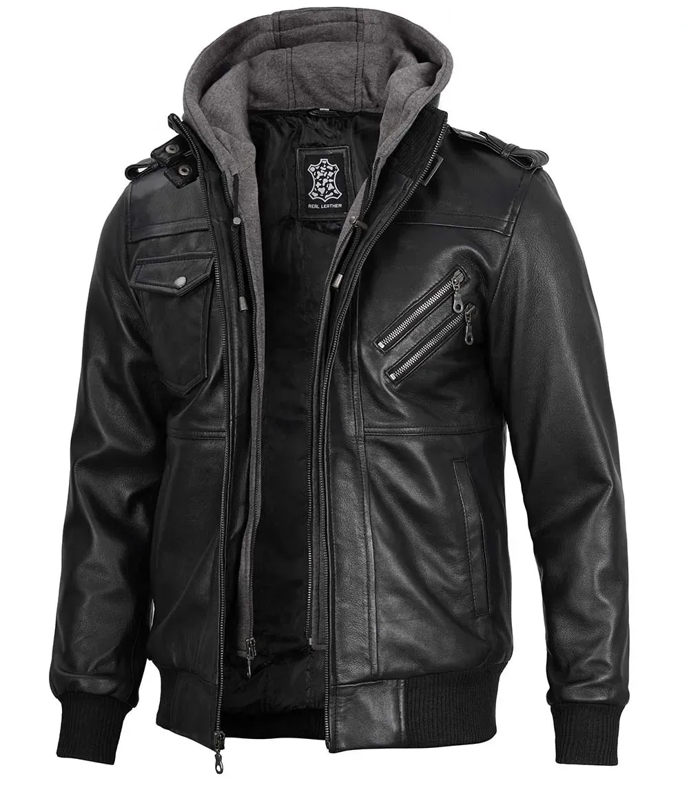 Ferndale Men's Black Bomber Leather Jacket with Removable Hoodie