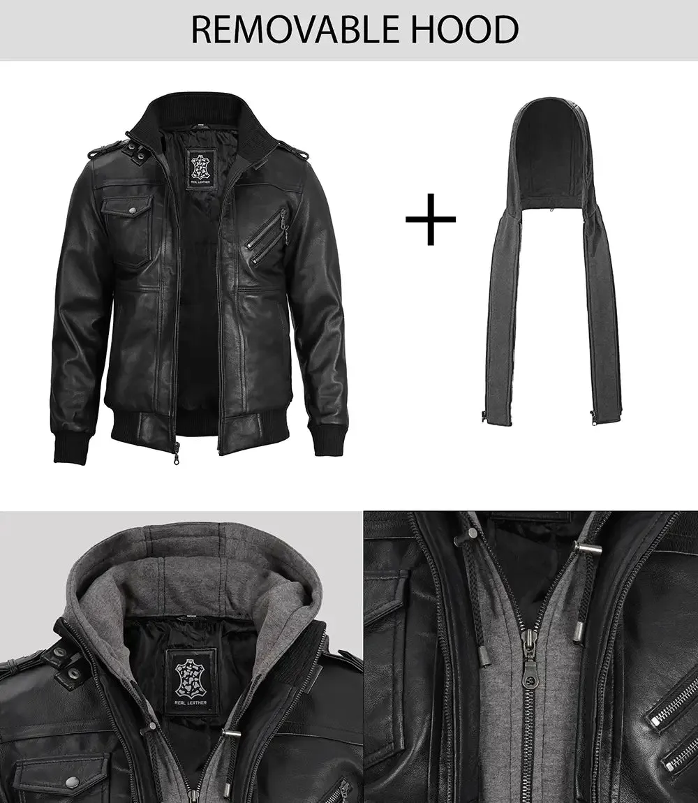 Ferndale Men's Black Bomber Leather Jacket with Removable Hoodie