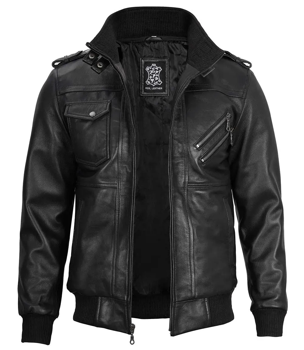 Ferndale Men's Black Bomber Leather Jacket with Removable Hoodie