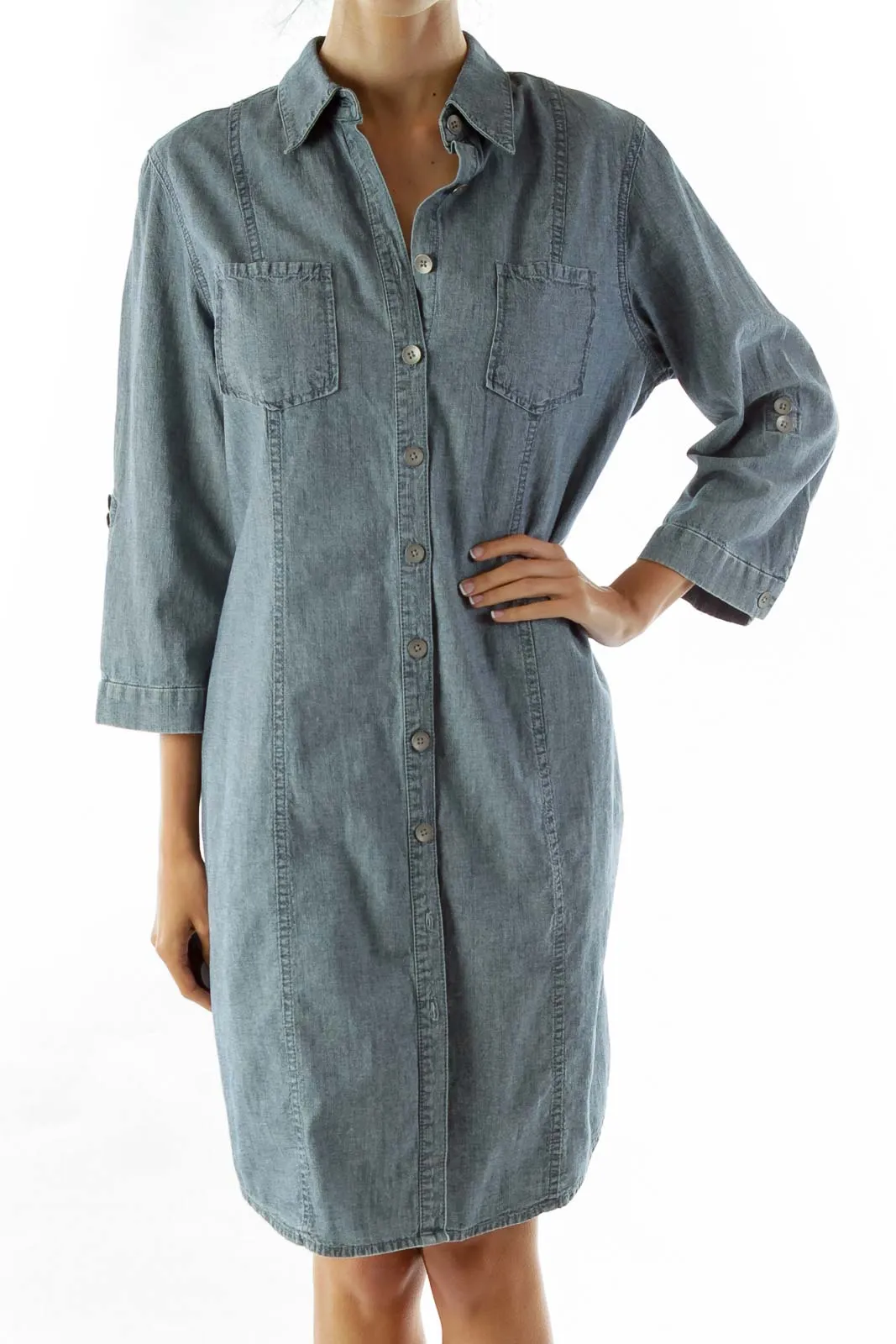 Gray Pocketed Shirt Dress