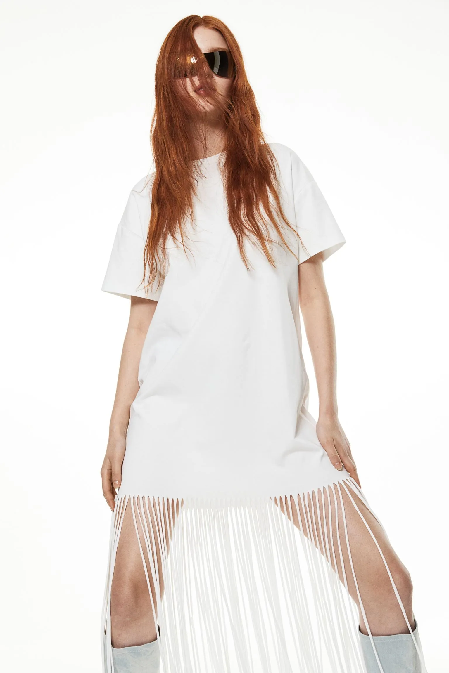 H&M Fringe-trimmed T-shirt dress, white