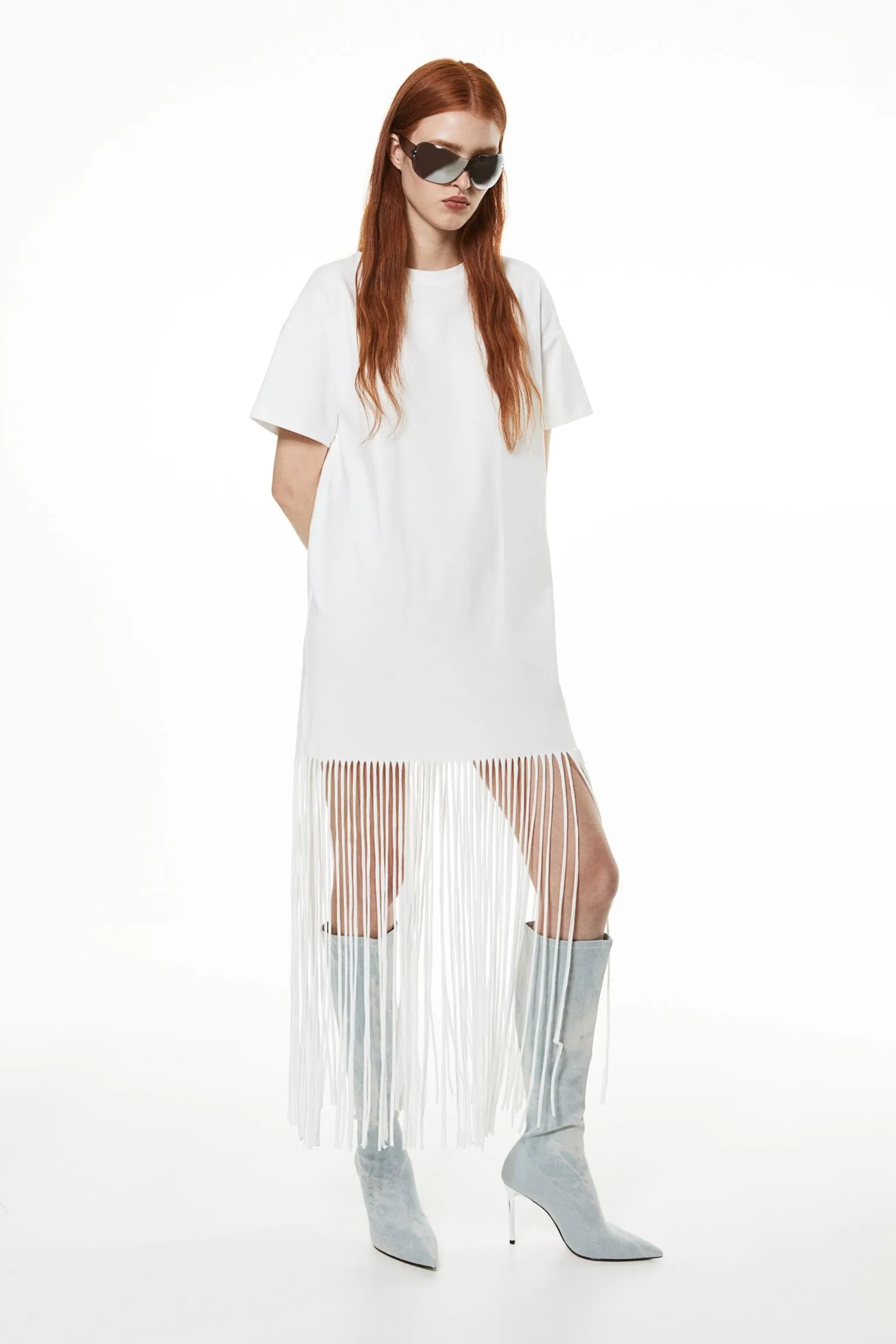 H&M Fringe-trimmed T-shirt dress, white