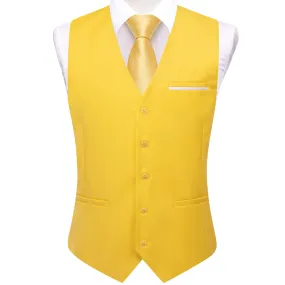 Hi-Tie Gold Solid V-Neck Waistcoat Formal Mens Vest