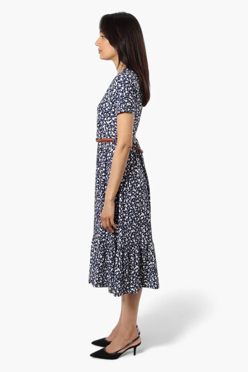 International INC Company Belted Floral Maxi Dress - Navy