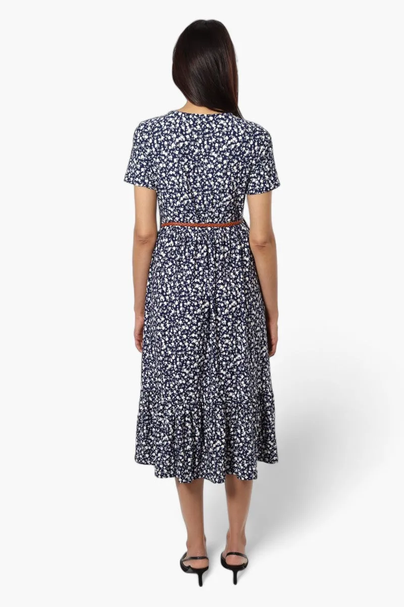 International INC Company Belted Floral Maxi Dress - Navy