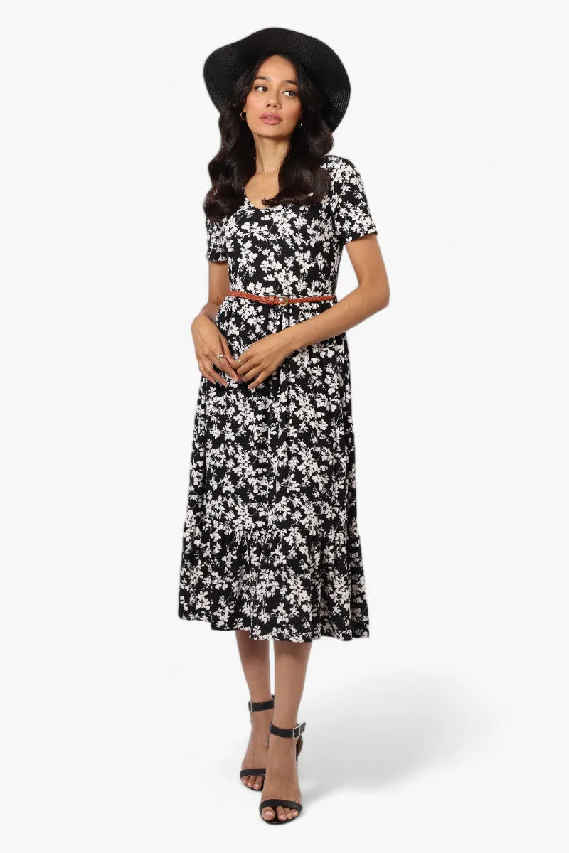 International INC Company Floral Belted Short Sleeve Maxi Dress - Black