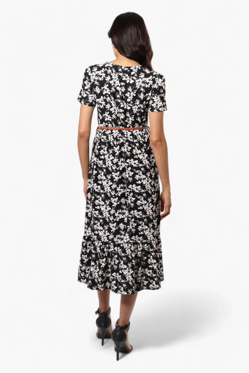 International INC Company Floral Belted Short Sleeve Maxi Dress - Black