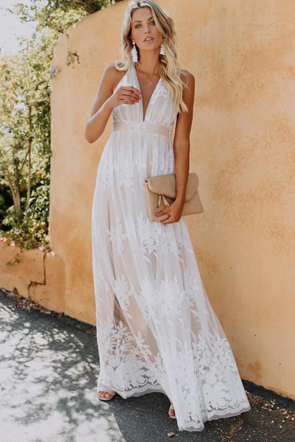 Lace Contrast Backless Spaghetti Straps Maxi Dress