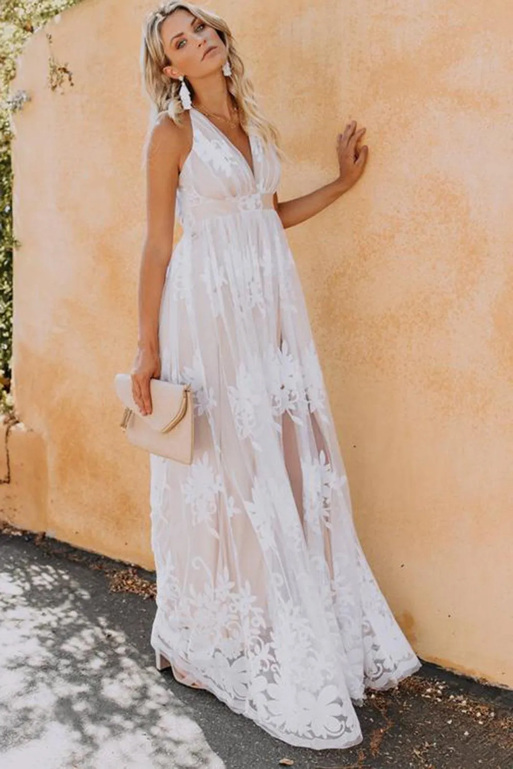 Lace Contrast Backless Spaghetti Straps Maxi Dress