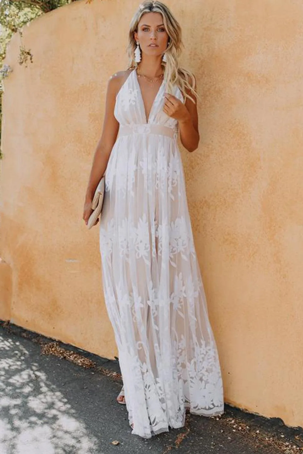 Lace Contrast Backless Spaghetti Straps Maxi Dress