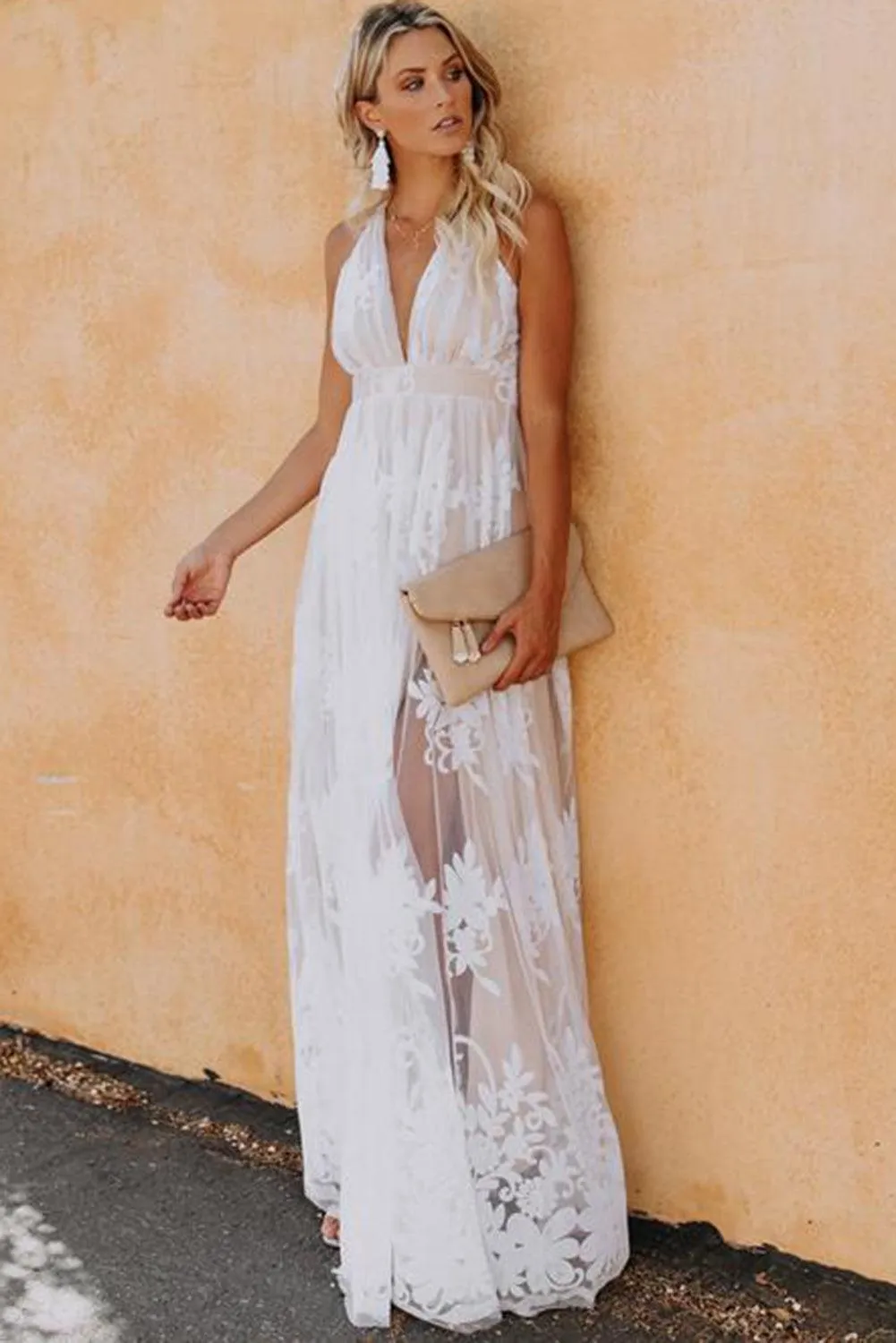 Lace Contrast Backless Spaghetti Straps Maxi Dress