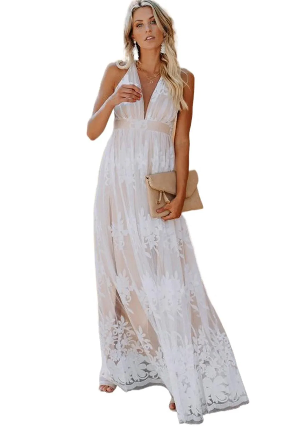 Lace Contrast Backless Spaghetti Straps Maxi Dress